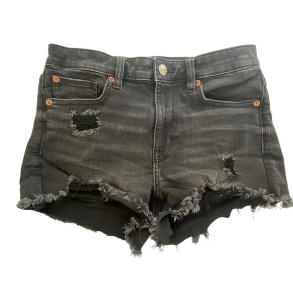 American Eagle Next Level Black Distressed Frayed Hem Denim Shorts Size 6 - Picture 3 of 12